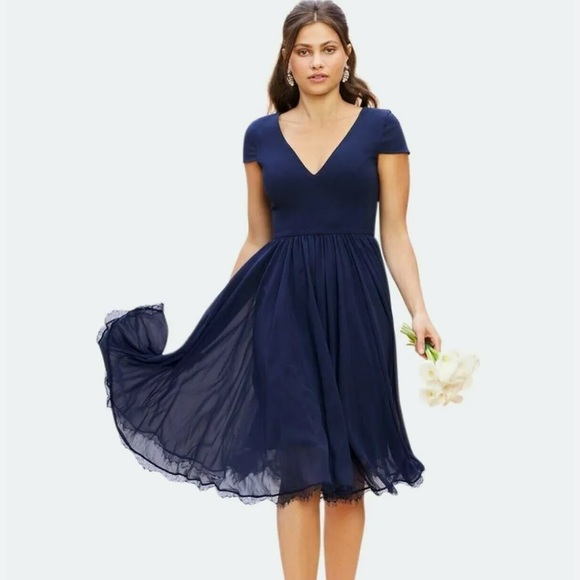 Dress the Population Corey V-Neck Cap Sleeve Lace Hem Dress - Picture 1 of 15